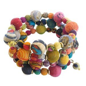 Fair Trade Winding Bauble Bracelet Upcycled Kantha Fabric Beads Boho Handmade